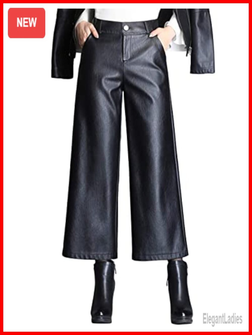 HaoMay High Waist Wide Leg Cropped PU Faux Leather Pants
